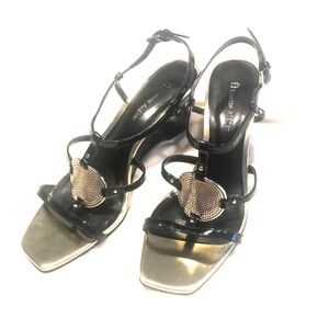 Etienne Aigner black patent and gold wedge sandal